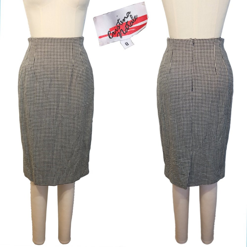Vintage Cristina Natale Wool Houndstooth Pencil Skirt - Size 8 - Pre-owned